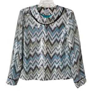 Chicos Sequin Chevron Blazer M Womens Shimmery Zig Zag Pattern Collarless